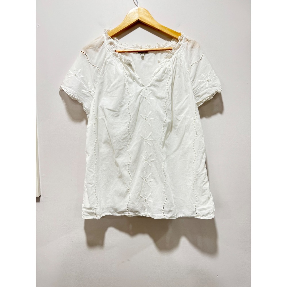 Talbots White Eyelet Embroidered Cotton V-Neck Blouse Short Sleeve Top Large